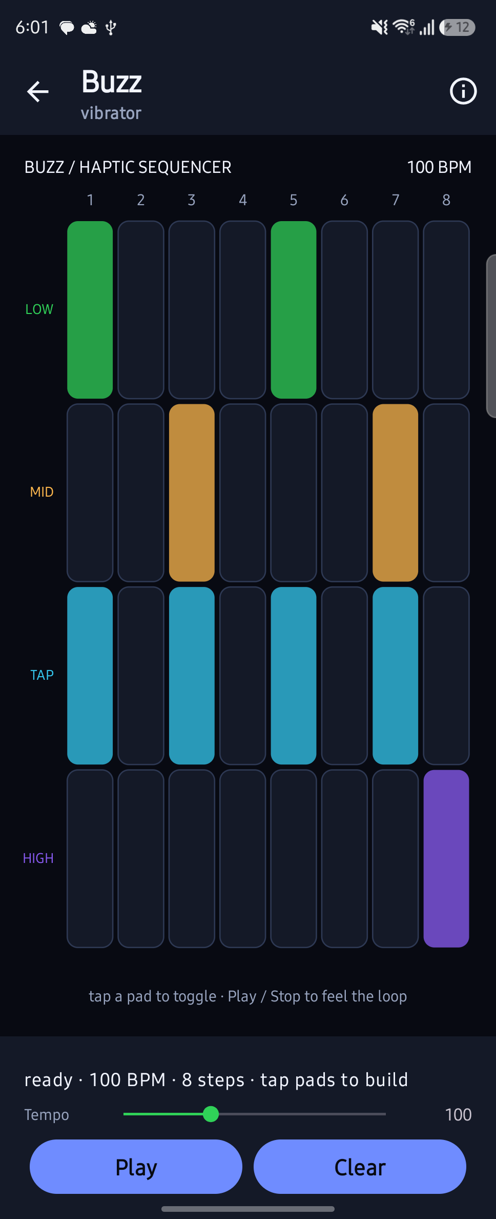 Buzz haptic sequencer with four rows of coloured step pads