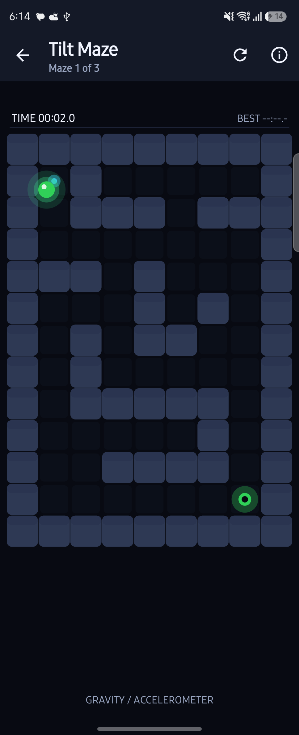 Tilt Maze screen with a green ball, maze walls and a best-time HUD
