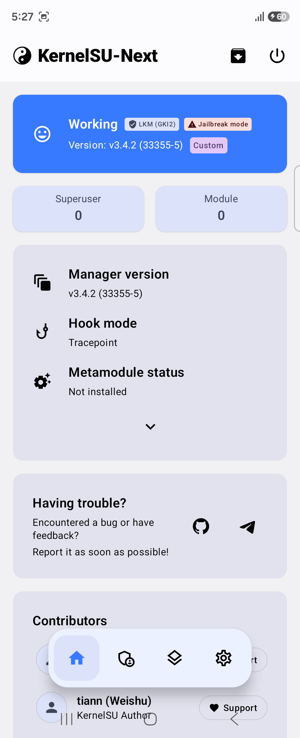 KernelSU-Next manager v3.4.2: Working — LKM (GKI2), Jailbreak mode