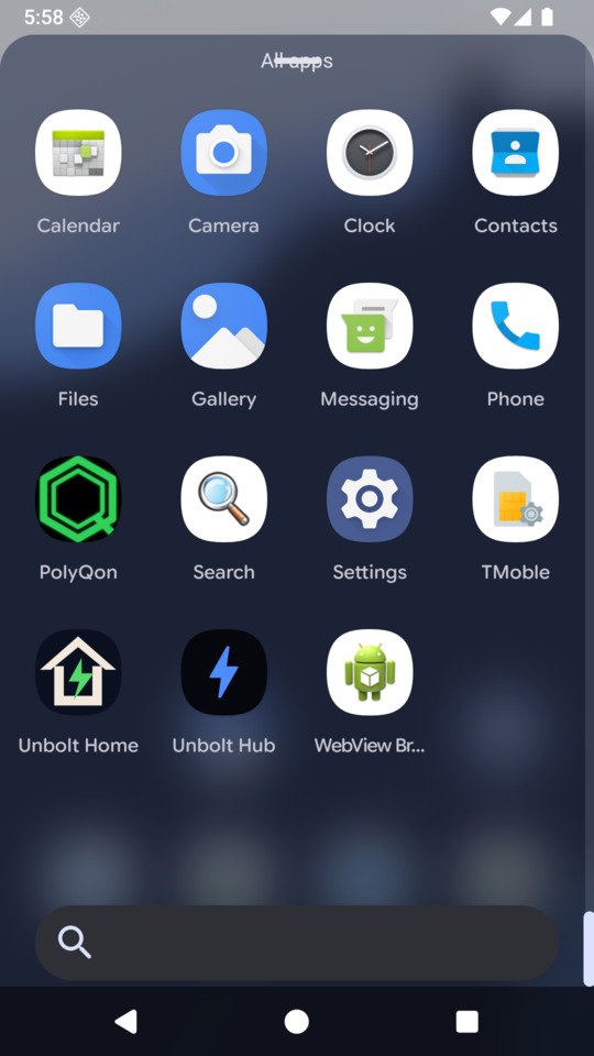 Unbolt Home app drawer with four columns of icons and a bottom search bar
