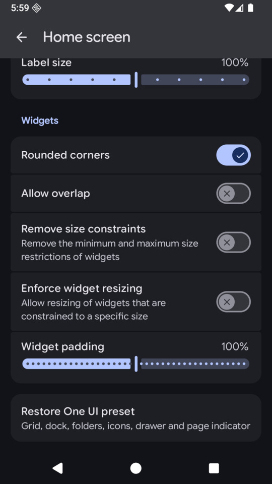 Unbolt Home settings: widget options and the Restore One UI preset action